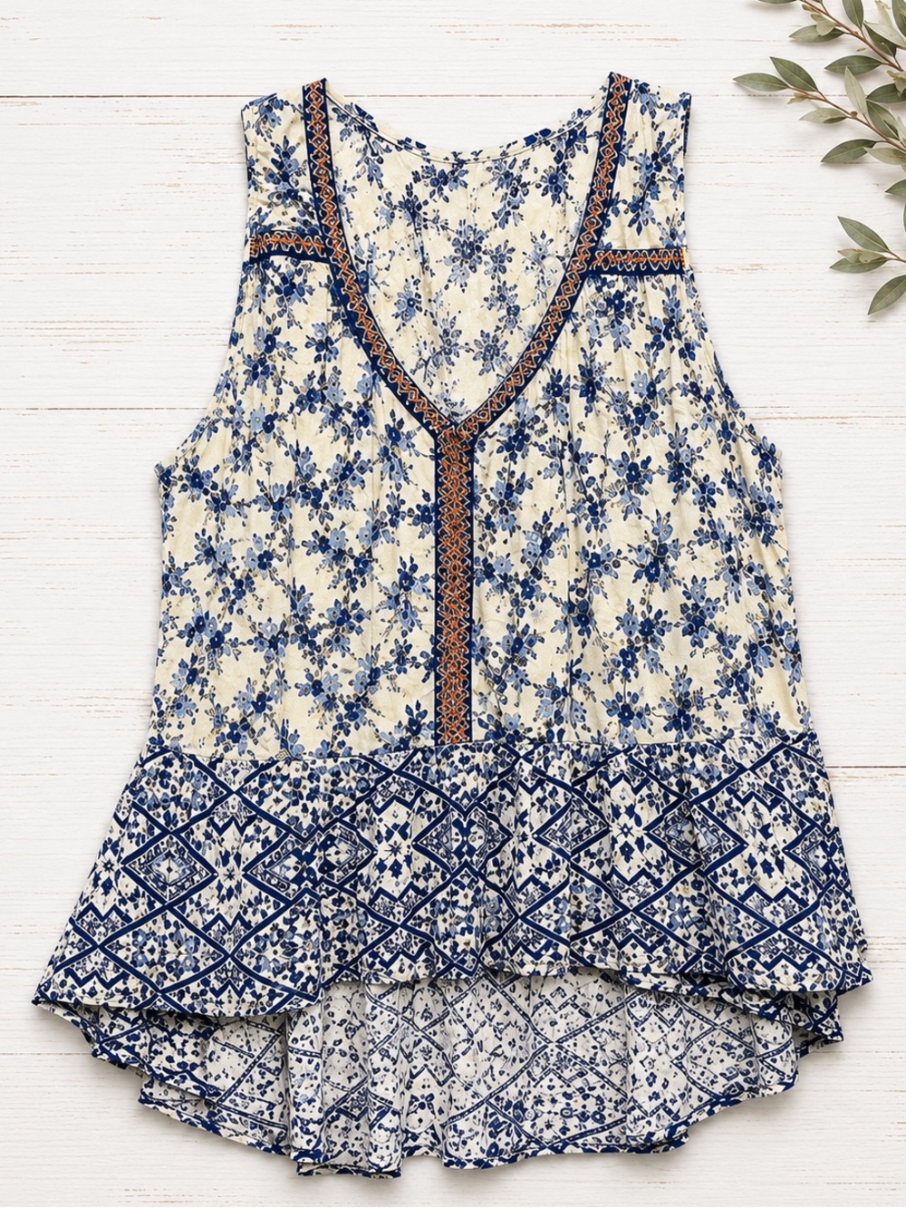 Anthropologie Patrons of Peace Blue Floral Boho Tank Top NWOT